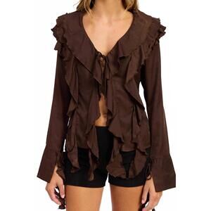 emory park Brown Ruffle Tie-Front Blouse
